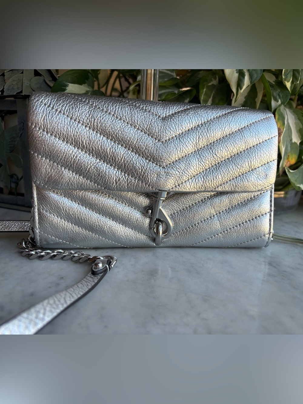 Rebecca Minkoff Silver Quilted Leather Crossbody Bag/Wallet on a Chain